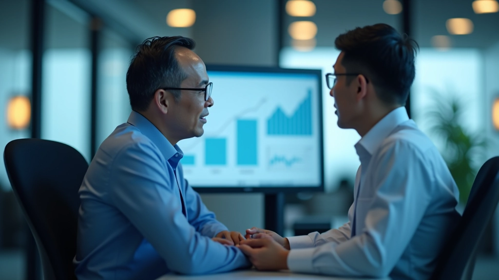 Business professional reviewing analytics dashboard on computer screen in modern office environment
