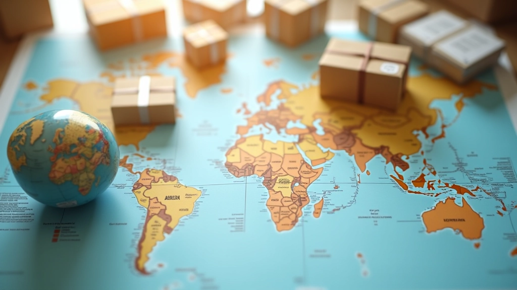 World map with shipping routes highlighted, boxes and packages with international shipping labels and delivery trucks