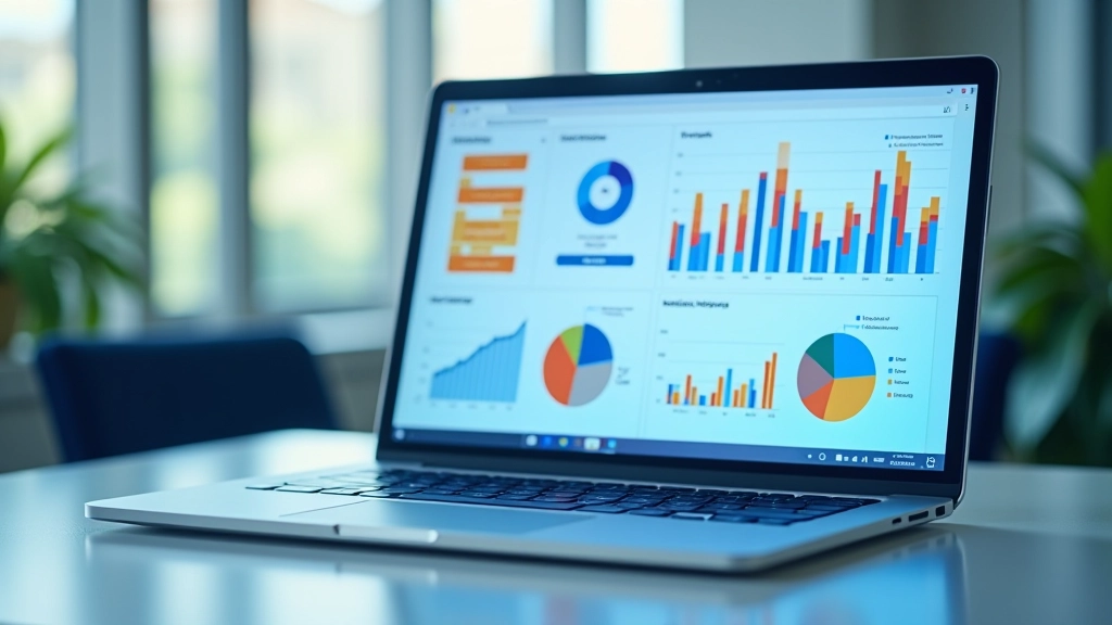 Laptop displaying digital dashboard with analytics graphs and data visualization charts on screen