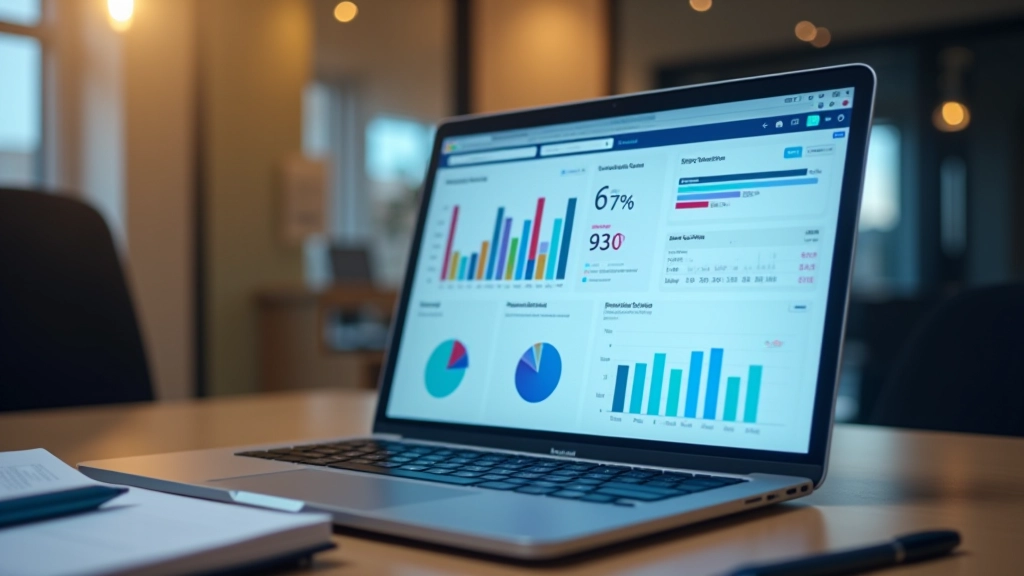 Laptop displaying colorful analytics dashboard with shopping statistics, graphs, and performance metrics