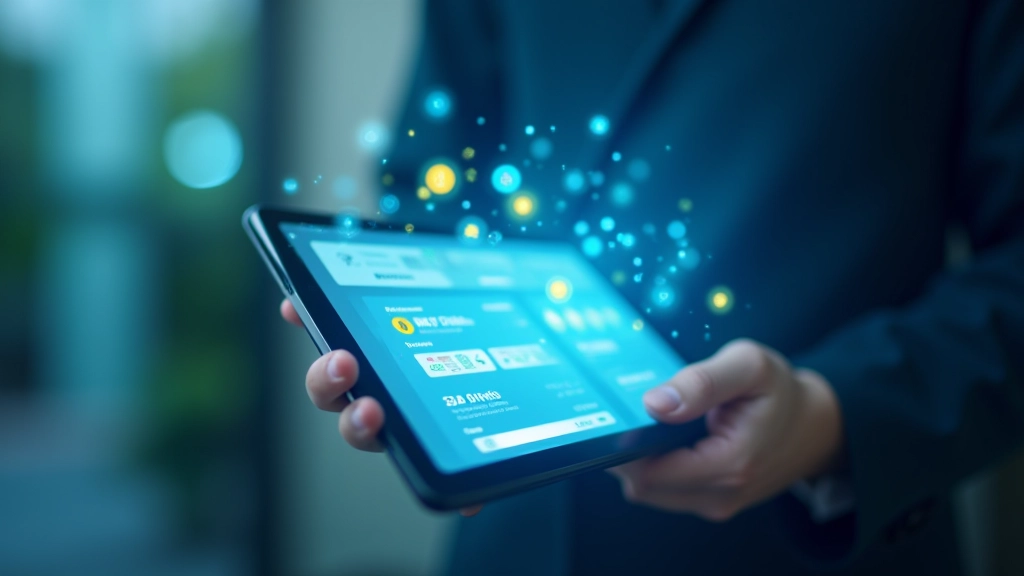 Financial technology interface showing digital payment system, wallet app, cryptocurrency exchange, and transaction details