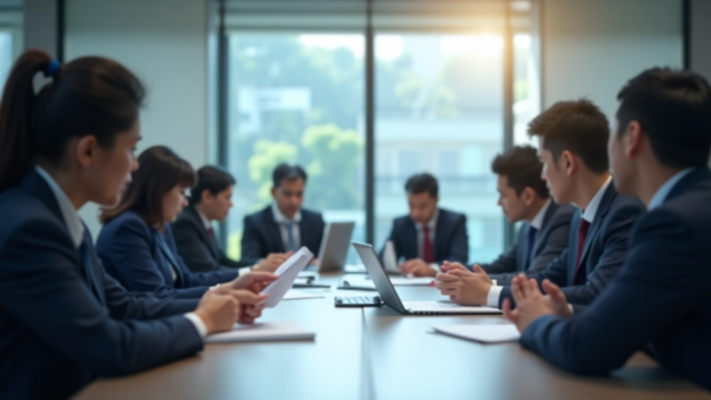 Government policy meeting room with officials reviewing digital economy strategy documents and technology infrastructure plans