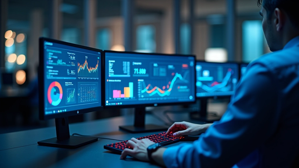 Modern office workspace with multiple computer monitors displaying data analytics and digital metrics, professional environment with technology integration