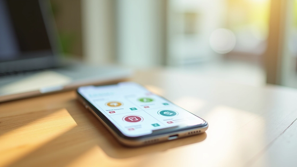 Modern mobile phone displaying colorful product categories and shopping interface with vibrant brand logos