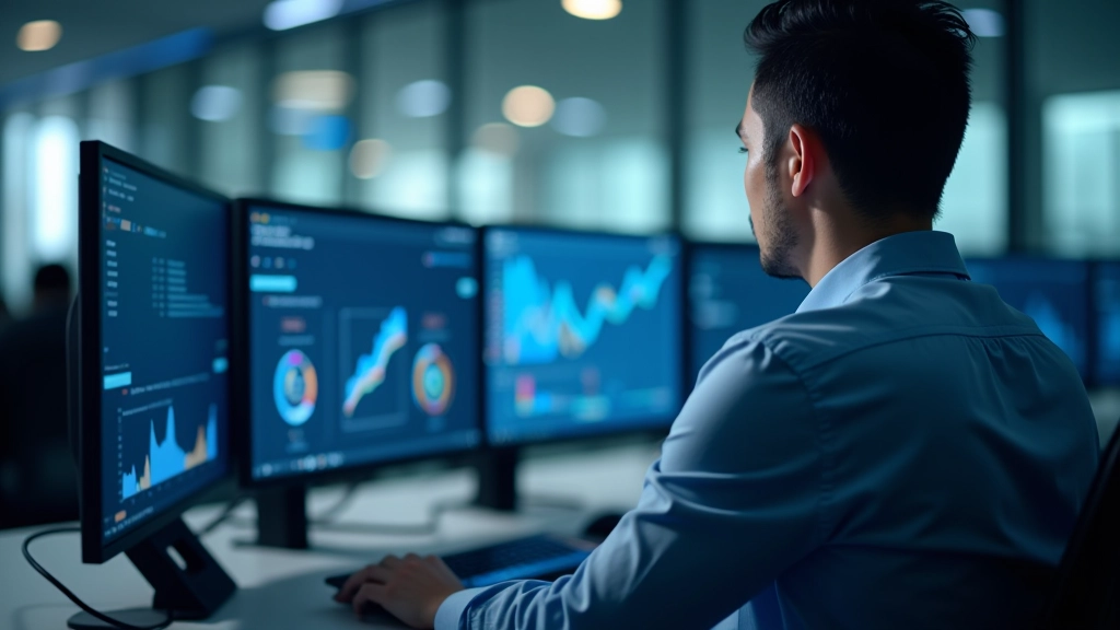 Modern technology office workspace with multiple monitors displaying digital analytics and data dashboards