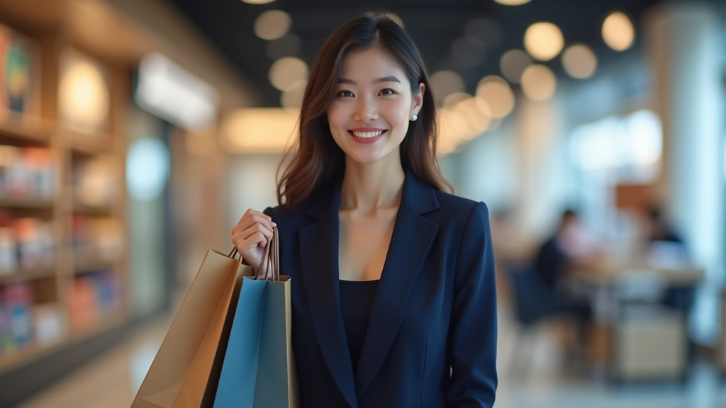 Young woman smiling while holding shopping bags, wearing casual clothing in modern retail environment